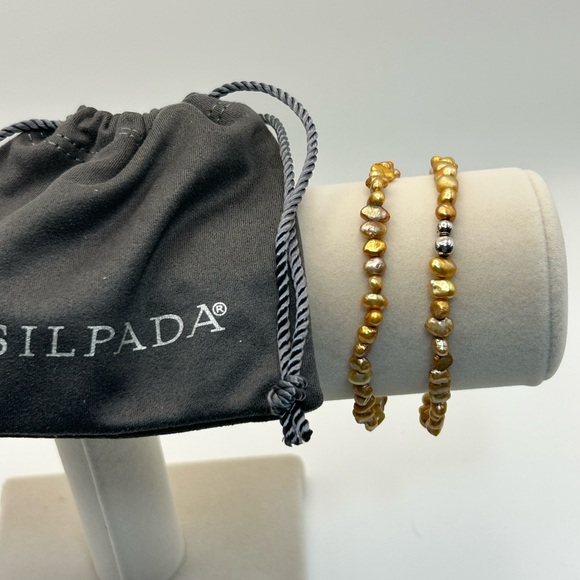 Silpada Bronze Silver Beaded Stretch Bracelet Pair Freshwater Pearls Silver Bead - Picture 4 of 8